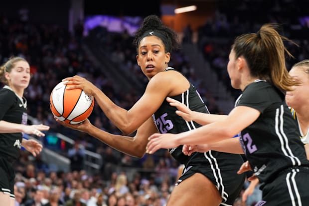 Golden State Valkyries forward Monique Billings grabs a rebound. 