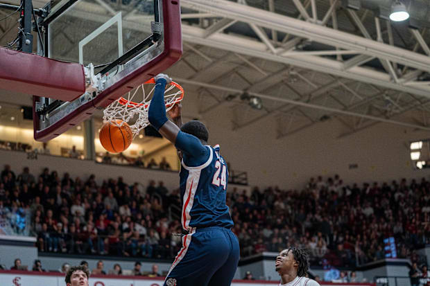 Gonzaga Bulldogs center Ismaila Diagne (24) dunks the basketball against the Santa Clara Broncos. 