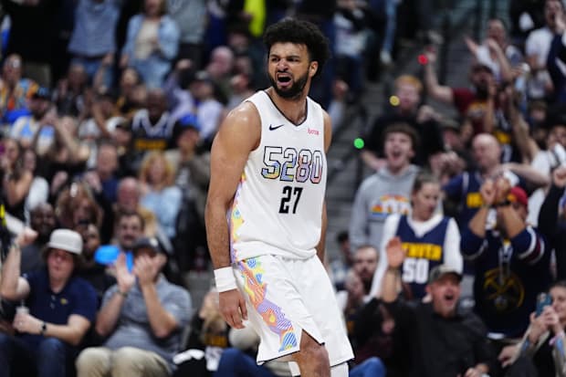 Denver Nuggets guard Jamal Murray (27) reacts after a steal and basket in the fourth quarter against the LA Clippers during g