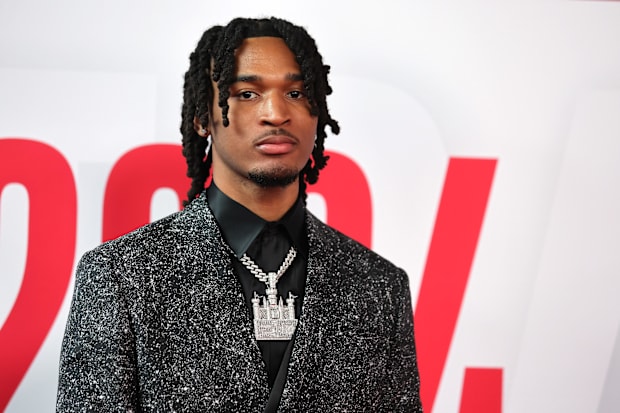 Stephon Castle arrives for the first round of the 2024 NBA Draft at Barclays Center.