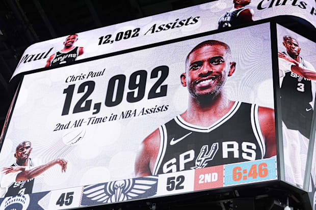 San Antonio Spurs guard Chris Paul (3) moves into second place on the all-time assist leaders list in the first half.