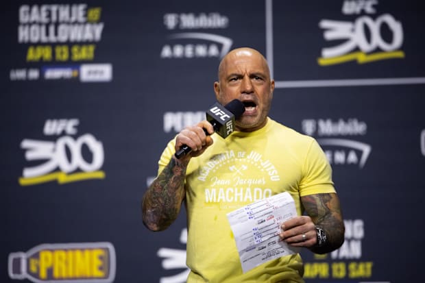 UFC announcer Joe Rogan during the ceremonial weigh-ins for UFC 300 at MGM Grand Garden Arena. 