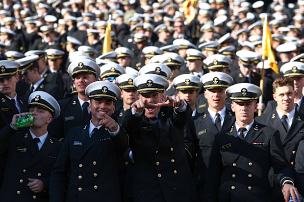 Navy Midshipmen react after the game against the Notre Dame Fighting Irish.