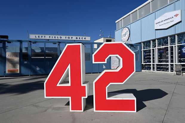 Jul 10, 2020; Los Angeles, California, United States; The No. 42 of former Brooklyn Dodgers player Jackie Robinson at the ret