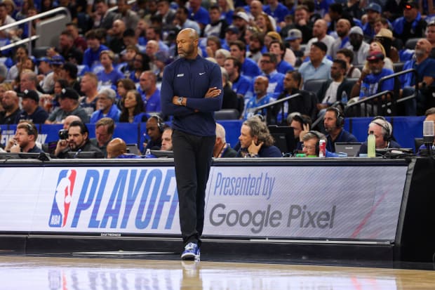 Orlando Magic head coach Jamahl Mosley looks on during game four of the first round for the 2024 NBA playoffs at Kia Center.