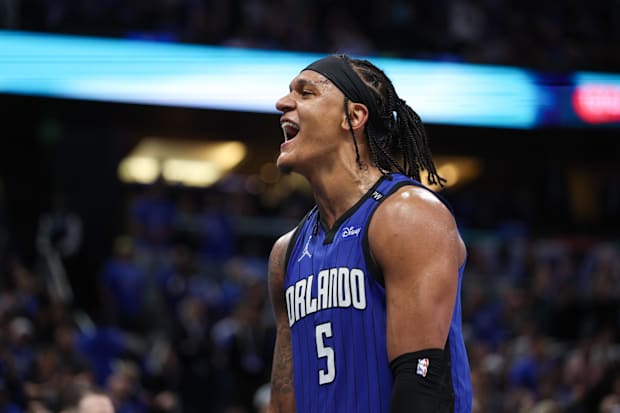 Orlando Magic forward Paolo Banchero (5) reacts after a play against the Atlanta Hawks in the fourth quarter at Kia Center. 
