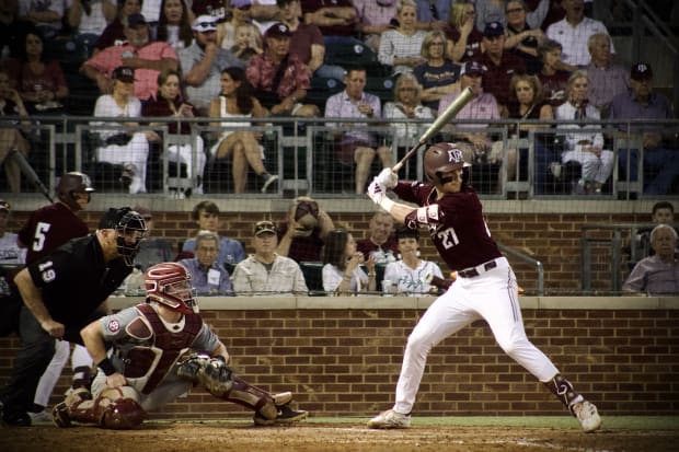 May 17, 2024; College Station, Texas; USA: Texas A&M Aggies senior Ted Burton awaits a pitch in the sixth inning.