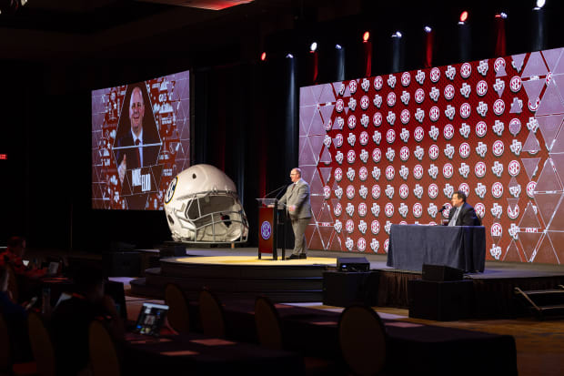 Jul 18, 2024; Dallas, TX, USA; Texas A&M head coach Mike Elko speaks at Omni Dallas Hotel. 