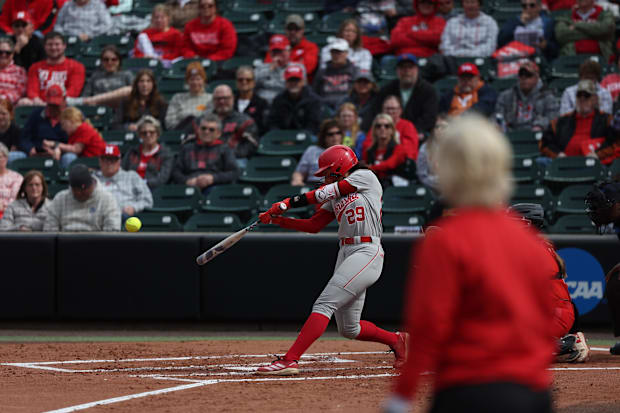 Nebraska third baseman Samantha Bland swings at a pitch against Maryland at Bowlin Stadium on May 2, 2025.