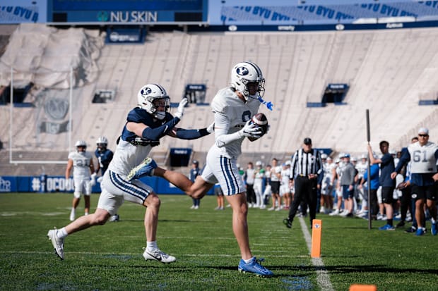 BYU wide receiver Tei Nacua catches a touchdown at Spring practice