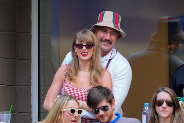 Taylor Swift and Travis Kelce are seen during the 2024 US Open Tennis Championships on September 08, 2024 in New York City