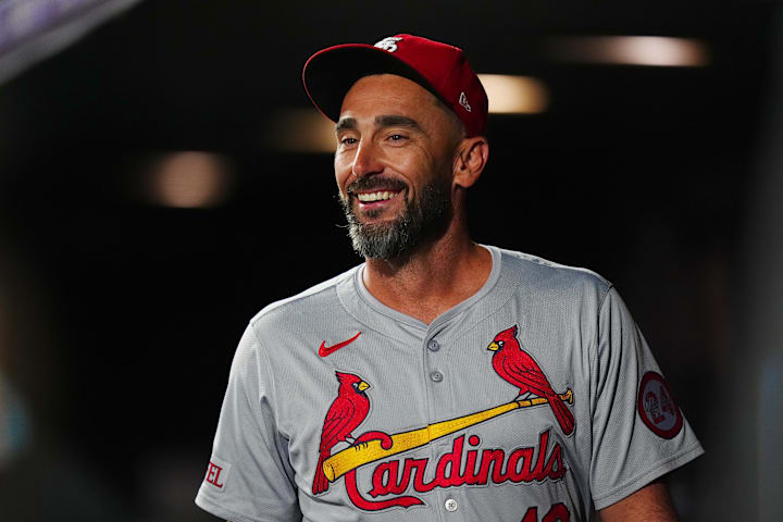 St. Louis Cardinals pinch hitter Matt Carpenter reacts to an infield play against the Colorado Rockies.