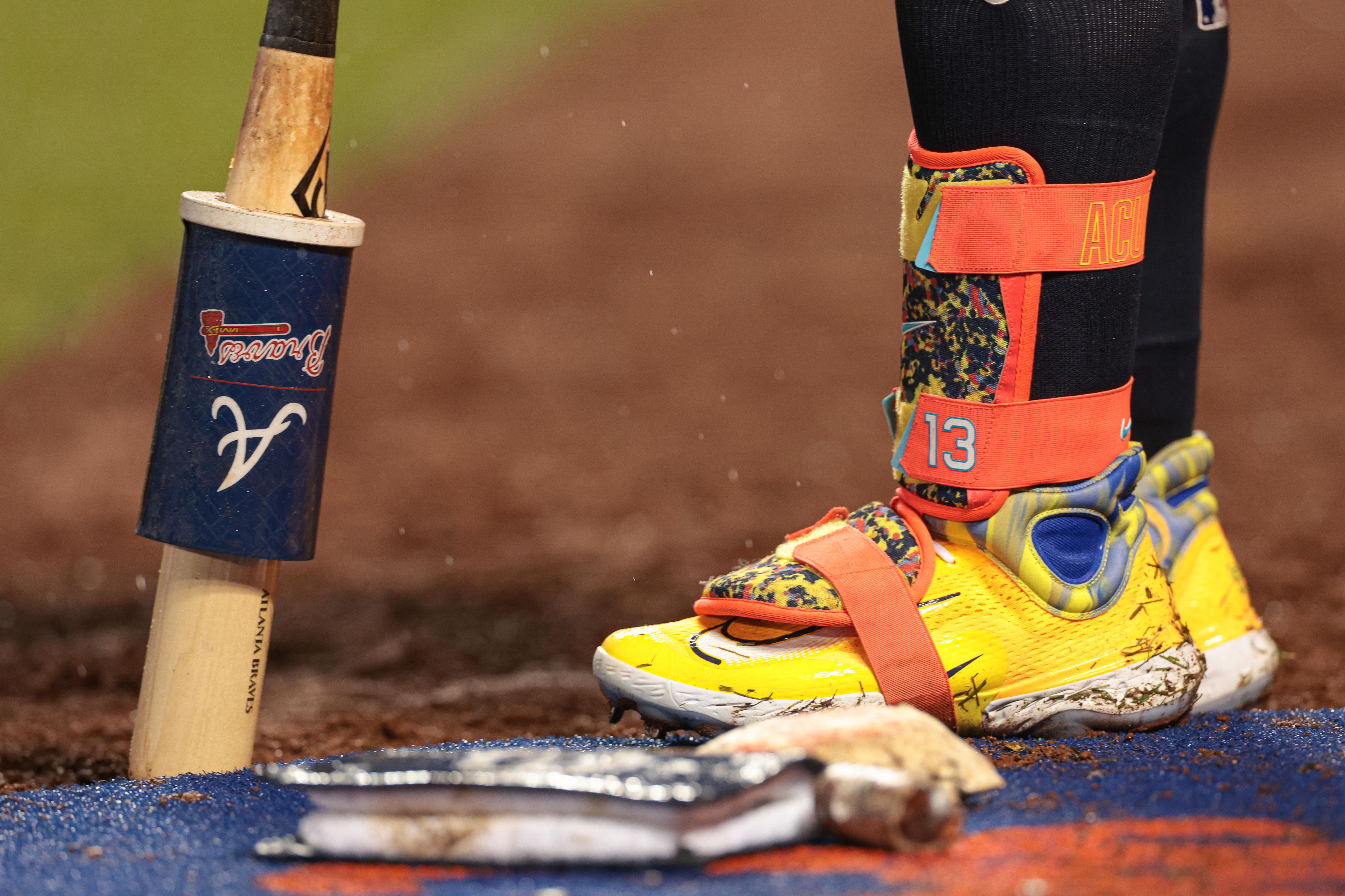Atlanta Braves outfielder Ronald Acuna Jr.'s yellow Nike cleats.