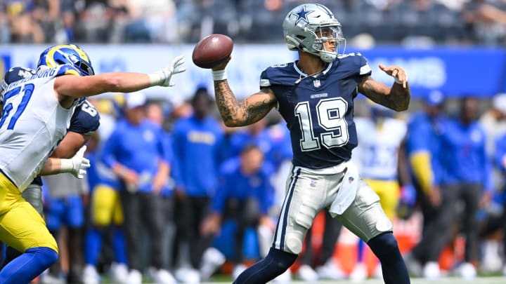 Aug 11, 2024; Inglewood, California, USA; Dallas Cowboys quarterback Trey Lance (19) throws a pass against the Los Angeles Rams during the second quarter at SoFi Stadium. Mandatory Credit: Jonathan Hui-USA TODAY Sports