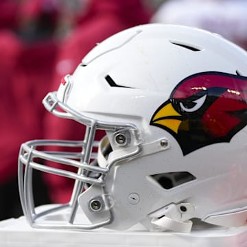 Oct 13, 2024; Green Bay, Wisconsin, USA;  General view of an Arizona Cardinals helmet during the game against the Green Bay Packers at Lambeau Field. Mandatory Credit: Jeff Hanisch-Imagn Images