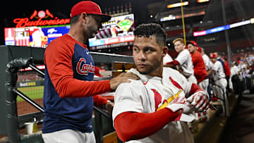 Aug 25, 2025; St. Louis, Missouri, USA;  St. Louis Cardinals designated hitter Willson Contreras (40) walks off the field after he was ejected by umpire Derek Thomas (not pictured) during the seventh inning against the Pittsburgh Pirates at Busch Stadium.