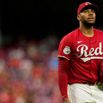 Cincinnati Reds pitcher Hunter Greene (21) reacts after escaping the top of the fourth inning of the MLB National League game between the Cincinnati Reds and the Pittsburgh Pirates at Great American Ball Park on Tuesday, June 25, 2024. The Pirates won the second game of the series, 9-5.