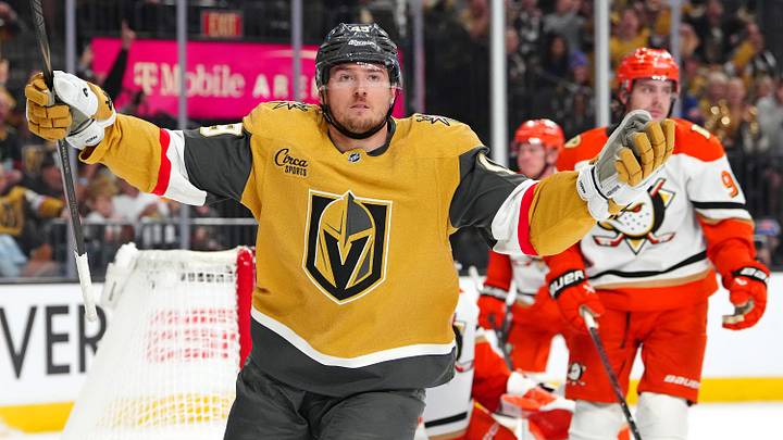 May 4, 2026; Las Vegas, Nevada, USA; Vegas Golden Knights left wing Ivan Barbashev (49) celebrates after scoring a goal against the Anaheim Ducks during the third period of game one of the second round of the 2026 Stanley Cup Playoffs at T-Mobile Arena. Mandatory Credit: Stephen R. Sylvanie-Imagn Images