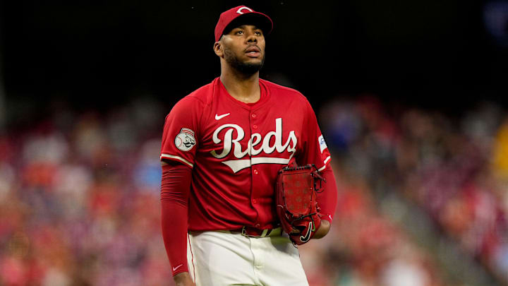 Cincinnati Reds pitcher Hunter Greene (21) reacts after escaping the top of the fourth inning of the MLB National League game between the Cincinnati Reds and the Pittsburgh Pirates at Great American Ball Park on Tuesday, June 25, 2024. The Pirates won the second game of the series, 9-5.