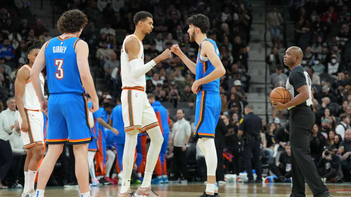 Jan 24, 2024; San Antonio, Texas, USA;  San Antonio Spurs center Victor Wembanyama (1) and Oklahoma City Thunder forward Chet Holmgren (7) greet each other before the game at Frost Bank Center. Mandatory Credit: Daniel Dunn-USA TODAY Sports