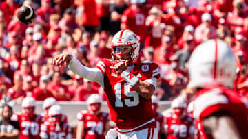 Aug 31, 2024; Lincoln, Nebraska, USA; Nebraska Cornhuskers quarterback Dylan Raiola (15) throws to wide receiver Isaiah Neyor (18) against the UTEP Miners during the second quarter at Memorial Stadium.