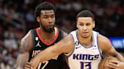 Feb 6, 2023; Houston, Texas, USA; Sacramento Kings forward Keegan Murray (13) drives to the basket against Houston Rockets forward Tari Eason (17) in the fourth quarter at Toyota Center. 