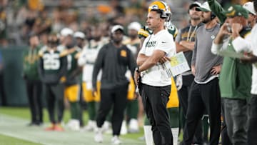 Aug 9, 2025; Green Bay, Wisconsin, USA; Green Bay Packers head coach Matt LaFleur looks on during the second half against the New York Jets at Lambeau Field. Mandatory Credit: Kayla Wolf-Imagn Images