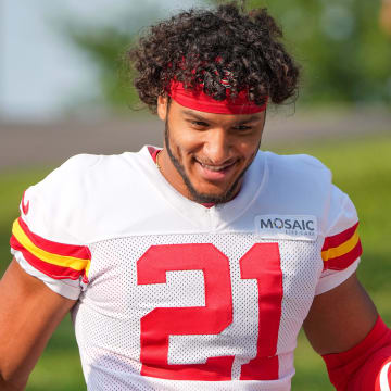 Jul 22, 2024; St. Joseph, MO, USA; Kansas City Chiefs safety Jaden Hicks (21) walks down the hill from the locker room to the fields prior to training camp at Missouri Western State University. Mandatory Credit: Denny Medley-USA TODAY Sports