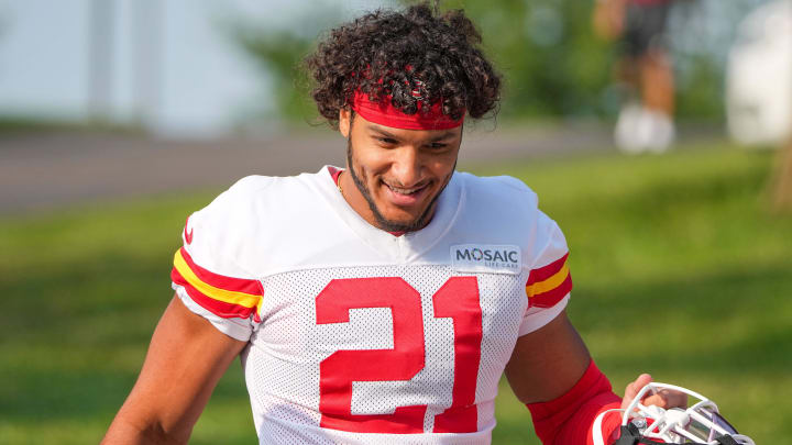 Jul 22, 2024; St. Joseph, MO, USA; Kansas City Chiefs safety Jaden Hicks (21) walks down the hill from the locker room to the fields prior to training camp at Missouri Western State University. Mandatory Credit: Denny Medley-USA TODAY Sports