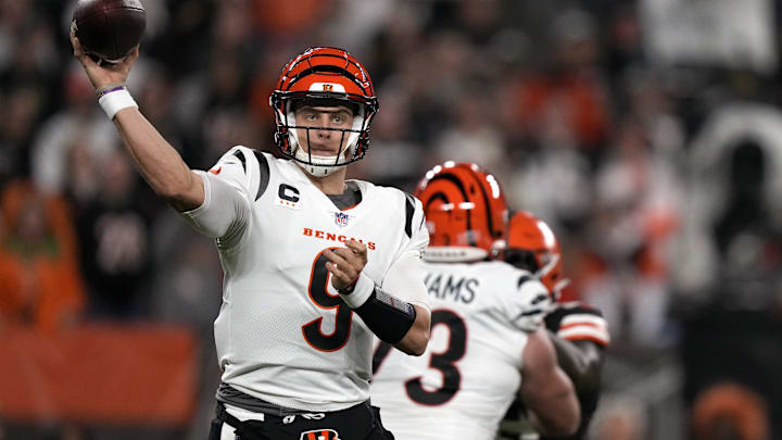 Bengals quarterback Joe Burrow (9) throws in the first quarter against the Cleveland Browns on Oct. 31, 2022. Bengals quarterback Joe Burrow (9) throws in the first quarter against the Cleveland Browns on Oct. 31, 2022.