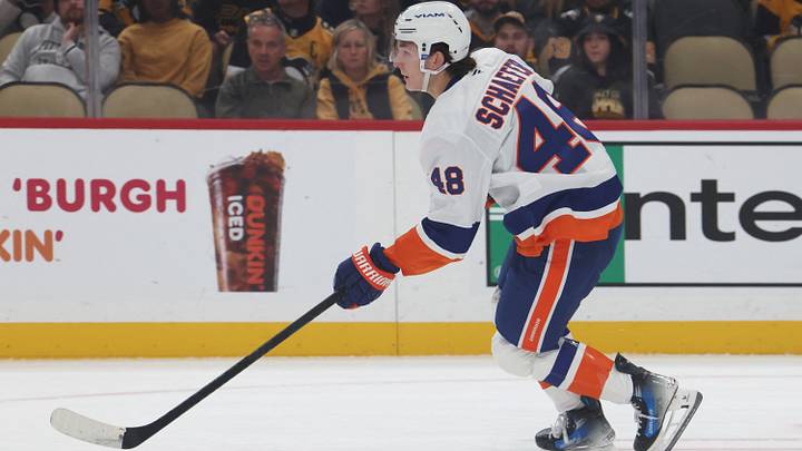 Oct 9, 2025; Pittsburgh, Pennsylvania, USA; New York Islanders defenseman Matthew Schaefer (48) moves the puck in his NHL debut against the Pittsburgh Penguins during the first period at PPG Paints Arena. Mandatory Credit: Charles LeClaire-Imagn Images Oct 9, 2025; Pittsburgh, Pennsylvania, USA; New York Islanders defenseman Matthew Schaefer (48) moves the puck in his NHL debut against the Pittsburgh Penguins during the first period at PPG Paints Arena. Mandatory Credit: Charles LeClaire-Imagn Images