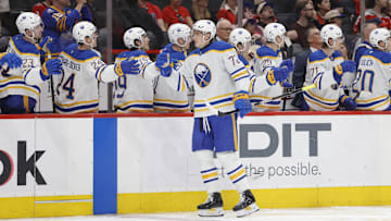 Mar 30, 2025; Washington, District of Columbia, USA; Buffalo Sabres center Tage Thompson (72) celebrates with teammates on the bench after scoring a goal against the Washington Capitals during the third period at Capital One Arena. Mandatory Credit: Amber Searls-Imagn Images