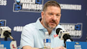Mar 20, 2025; Milwaukee, WI, USA;  Mississippi Rebels head coach Chris Beard speaks during an NCAA Tournament First Round Practice press conference at Fiserv Forum. Mandatory Credit: Jeff Hanisch-Imagn Images