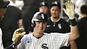 Chicago White Sox shortstop Colson Montgomery (12) celebrates in the dugout after hitting a home run against the Detroit Tigers at Rate Field. 