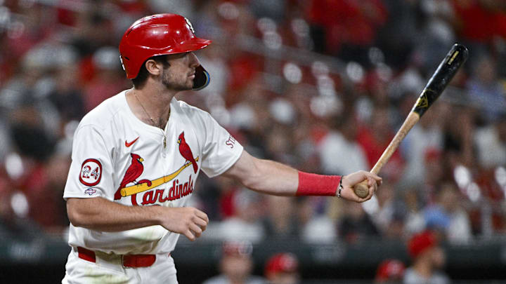 Sep 10, 2024; St. Louis, Missouri, USA;  St. Louis Cardinals shortstop Thomas Saggese (25) bats in his Major League debut during the ninth inning against the Cincinnati Reds at Busch Stadium. Mandatory Credit: Jeff Curry-Imagn Images