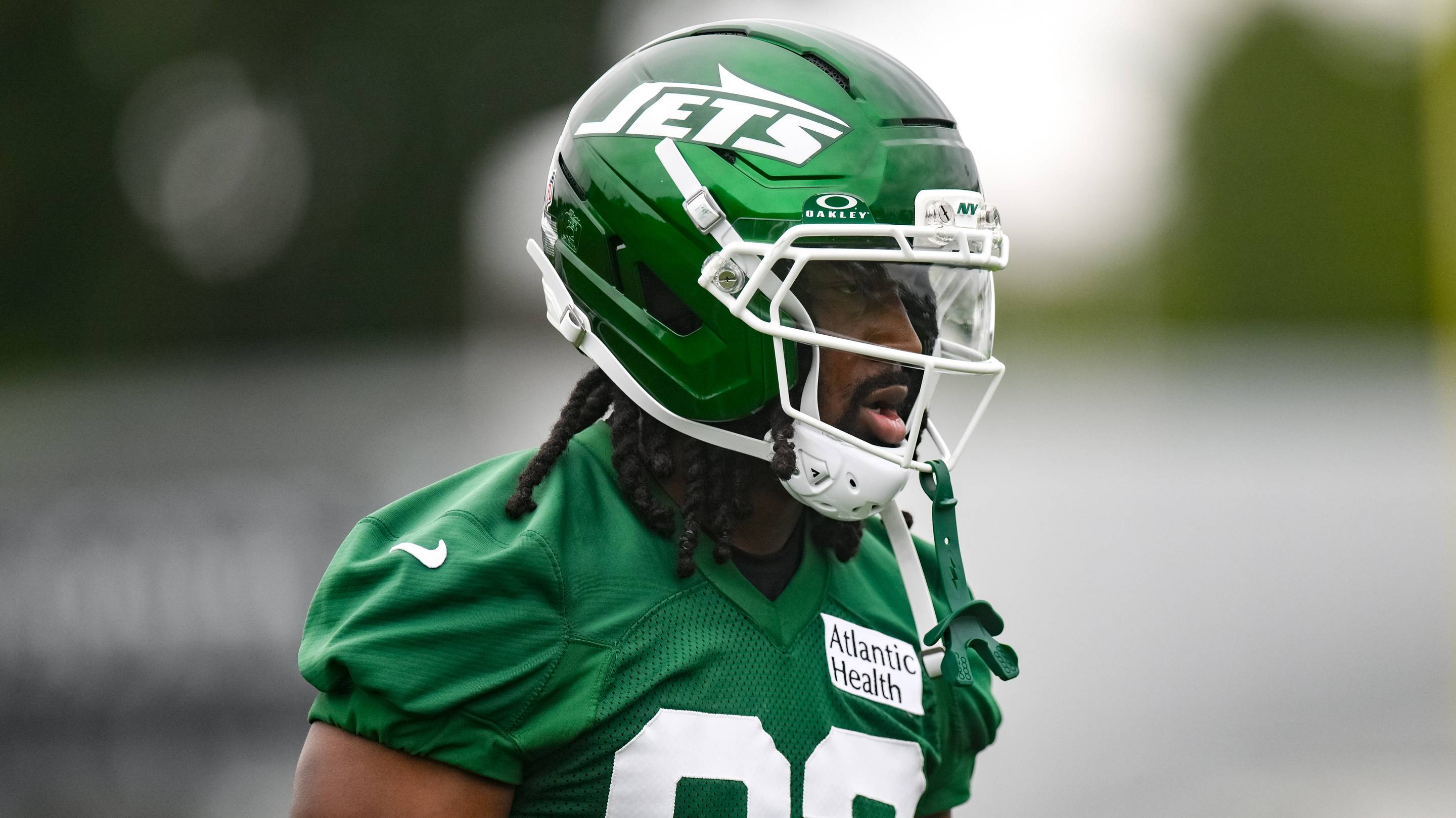 Jul 29, 2026; Florham Park, NJ, USA; New York Jets wide receiver Omar Cooper Jr. (83) participates in a drill during training camp at Atlantic Health Jets Training Center. Mandatory Credit: John Jones-Imagn Images