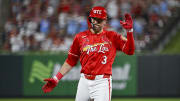 Jun 7, 2024; St. Louis, Missouri, USA;  St. Louis Cardinals center fielder Dylan Carlson (3) reacts after hitting a one run single against the Colorado Rockies during the sixth inning at Busch Stadium. Mandatory Credit: Jeff Curry-USA TODAY Sports