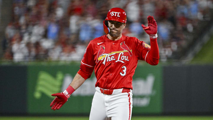 Jun 7, 2024; St. Louis, Missouri, USA;  St. Louis Cardinals center fielder Dylan Carlson (3) reacts after hitting a one run single against the Colorado Rockies during the sixth inning at Busch Stadium. Mandatory Credit: Jeff Curry-USA TODAY Sports