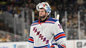 Oct 4, 2025; Boston, Massachusetts, USA; New York Rangers goaltender Igor Shesterkin (31) returns to the net after a break in the action during the third period period against the Boston Bruins at TD Garden. Mandatory Credit: Eric Canha-Imagn Images