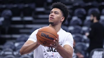 Feb 24, 2025; Salt Lake City, Utah, USA; Utah Jazz guard Jaden Springer warms up before the game against the Portland Trail Blazers at Delta Center. Mandatory Credit: Rob Gray-Imagn Images