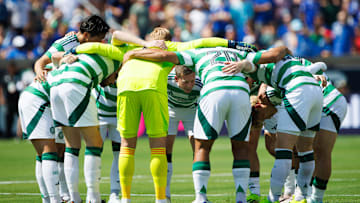 Celtic FC huddles up before a friendly match against Chelsea FC at Notre Dame Stadium on Saturday, July 27, 2024, in South Bend.