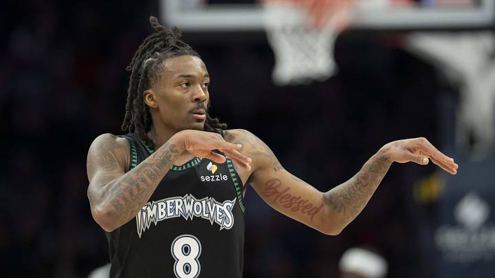 Dec 17, 2025; Minneapolis, Minnesota, USA; Minnesota Timberwolves guard Bones Hyland (8) celebrates making a three point shot against the Memphis Grizzlies in the first half at Target Center. Mandatory Credit: Jesse Johnson-Imagn Images