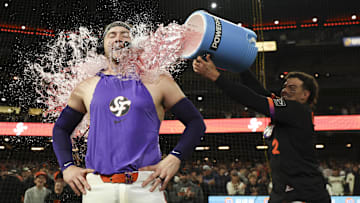 San Francisco Giants shortstop Willy Adames (2) celebrates with catcher Patrick Bailey (14)