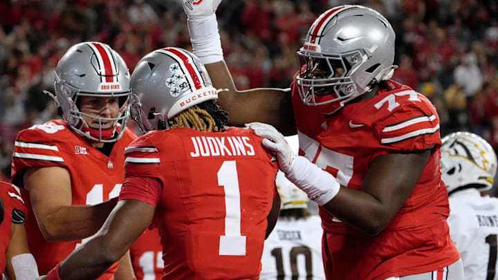 Sept. 7, 2024; Columbus, Ohio, USA;
Ohio State Buckeyes quarterback Will Howard (18) congratulates Ohio State Buckeyes running back Quinshon Judkins (1) after a touchdown during the first half of an NCAA Division I football game against the Western Michigan Broncos on Saturday at Ohio Stadium.