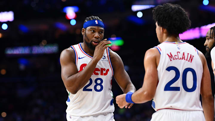 Nov 24, 2024; Philadelphia, Pennsylvania, USA; Philadelphia 76ers forward Guerschon Yabusele (28) reacts with guard Jared McCain (20) against the Los Angeles Clippers in the first quarter at Wells Fargo Center. Mandatory Credit: Kyle Ross-Imagn Images Nov 24, 2024; Philadelphia, Pennsylvania, USA; Philadelphia 76ers forward Guerschon Yabusele (28) reacts with guard Jared McCain (20) against the Los Angeles Clippers in the first quarter at Wells Fargo Center. Mandatory Credit: Kyle Ross-Imagn Images
