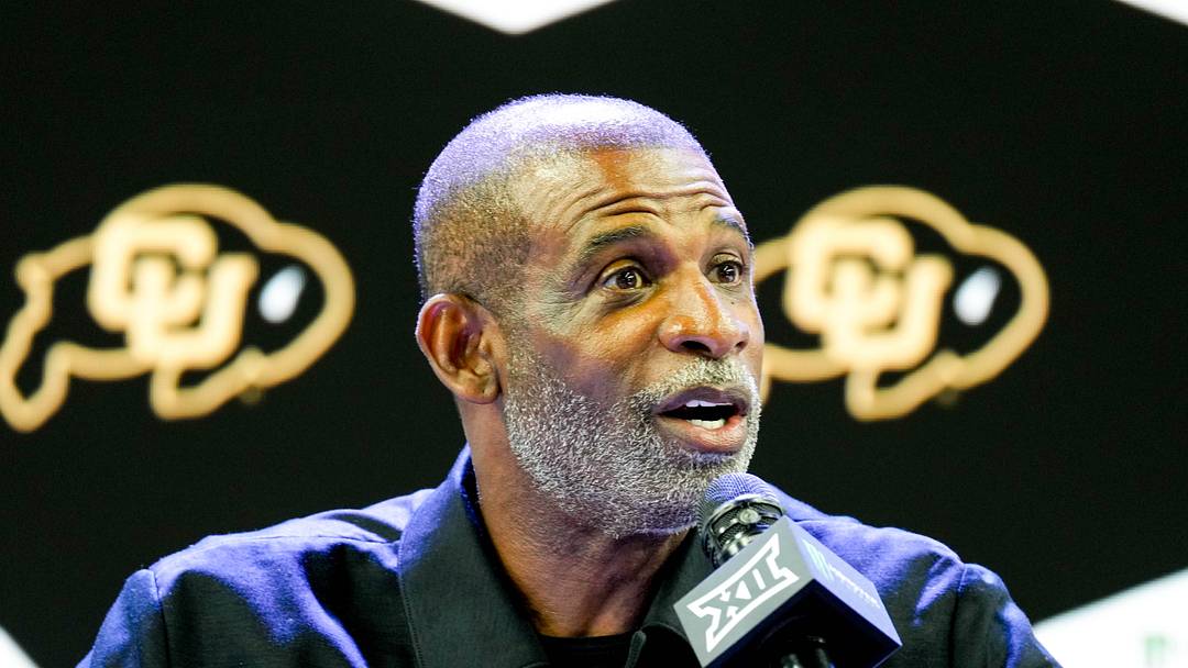 Jul 7, 2026; Frisco, TX, USA; Colorado head coach Deion Sanders speaks to reporters during Big 12 Conference Football Media Days at The Star. Jul 7, 2026; Frisco, TX, USA; Colorado head coach Deion Sanders speaks to reporters during Big 12 Conference Football Media Days at The Star.