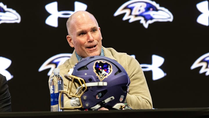 Jan 29, 2026; Owings Mills, MD, USA; Eric DeCosta at press conference discussing future of Baltimore Ravens at Under Armour Performance Center. Mandatory Credit: Lexi Thompson-Imagn Images