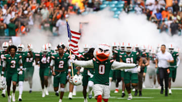 Nov 2, 2024; Miami Gardens, Florida, USA; Miami Hurricanes mascot Sebastian the Ibis leads the team onto the field before the game against the Duke Blue Devils at Hard Rock Stadium. Mandatory Credit: Sam Navarro-Imagn Images