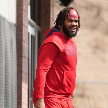 Feb 16, 2025; Tempe, AZ, USA; Los Angeles Angels pitcher Kenley Jansen (74) runs through drills during spring training camp. Mandatory Credit: Rick Scuteri-Imagn Images