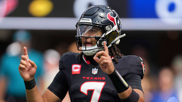 Sep 7, 2025; Inglewood, California, USA; Houston Texans quarterback C.J. Stroud (7) gestures against the Los Angeles Rams in 